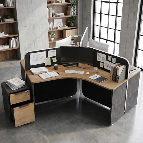 SAINTCY 3 Person Office Cubicle Desk Workstation with Drawers & Built-in Power Outlets, Adjustable Wall Partitions, Layouts for Startups and Modern Workspaces,Black Fabric Panels
