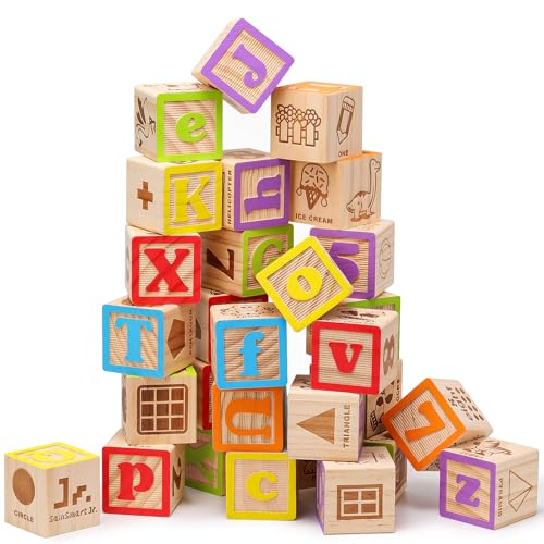 Image of SainSmart Jr. Wooden Alphabet Blocks 1.73 Inch, 30Pcs Building Blocks Including Letters, Numbers and Animals, Montessori Wooden Blocks for Preschool Toddlers