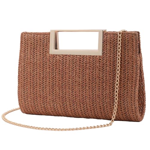 Image of Women's Straw Raffia Clutch Purse, Top Handle Woven Handbag with Crossbody Strap, Summer Beach Shoulder Bag