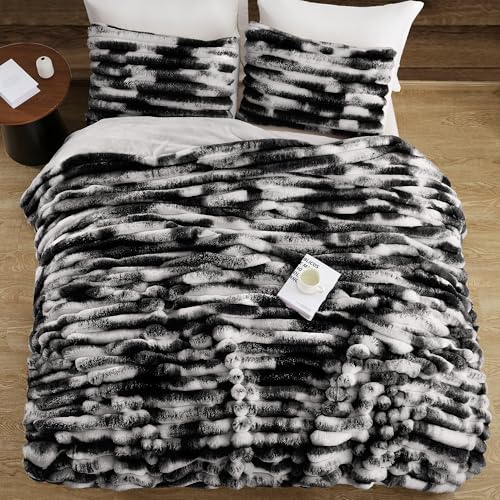 Image of Wonderful Fluffy Faux Rabbit Fur Comforter Set Queen Size, Striped Stitching Tie-Dye Black Plush Fuzzy Bedding Set 3 Pieces, Warm Soft Comforter Bedding Set for Winter, 90 inchx90 inch