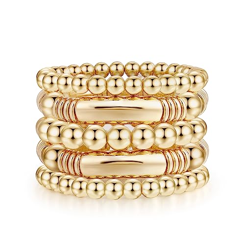 14K Gold Plated Bangles Bracelet for Women Chunky Curved Stacking Plated Bead Ball Stretchable Bracelets
