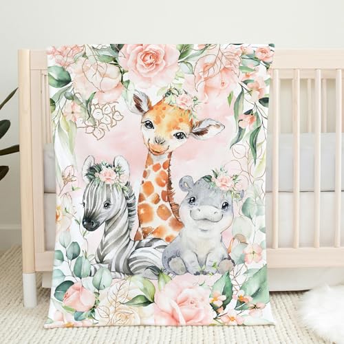 Image of UNIQUE Rose Flowers Safari Ultra Soft Fleece Baby Blanket 30x40in, Cute Zebra Hippo Giraffe Baby Blanket, Girl