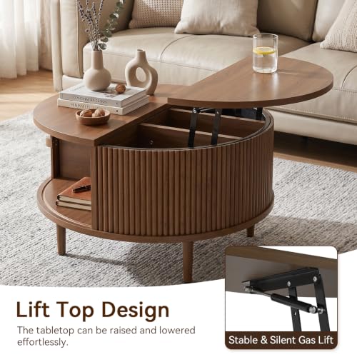 Image of Round Lift Top Coffee Table, 31.5 Inch Mid Century Modern Center Table with Hidden Storage & Sliding Door, Fluted Walnut Drum Table for Living Room