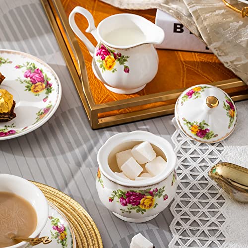 Daveinmic 22-Pieces Porcelain Tea Set,Vintage Floral Tea Gift Sets,Cups& Saucer Service For 6, With Spoons,Teapot,Sugar Bowl,Creamer Pitcher And Golden Metal Rack For Home&Party(Rose Flowers Set) #TOP4