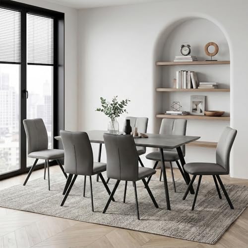 JIEXI Moderno juego de mesa de comedor con 6 sillas, tablero de MDF gris con patas de metal negro, rectangular, 120 x 75 x 76 cm, estilo contemporáneo