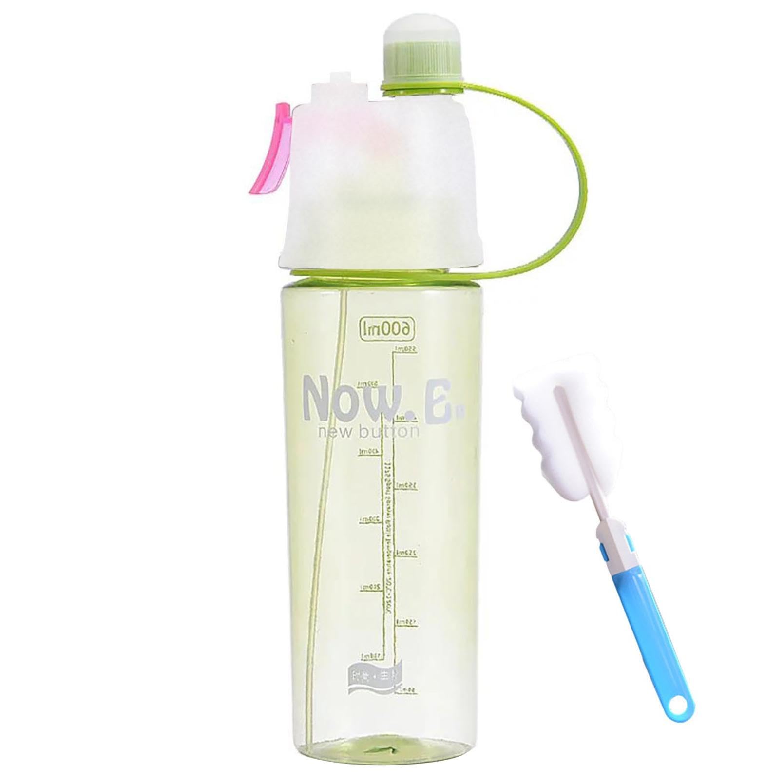 600ml Spray Water Bottle, Mist Function Cycling Water Bottles with Straw, Leak-Proof Hydration Drinking Bottles with Cleaning Brush, Portable Misting Sports Bottle for Outdoor Hiking Fitness (Green)