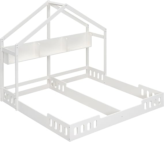 Double Montessori Floor Bed Twin Size,House Floor Bed for Toddlers,Kids,Two Shared Beds with Open Storage Shelves and Fence Guardrails,Solid Wood Frame,Creamy White