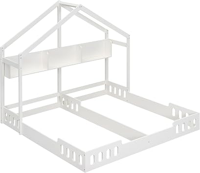 Double Montessori Floor Bed Twin Size,House Floor Bed for Toddlers,Kids,Two Shared Beds with Open Storage Shelves and Fence Guardrails,Solid Wood Frame,Creamy White