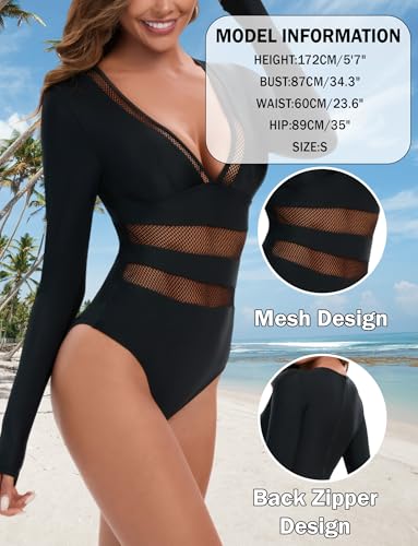 Women's One Piece Long Sleeve Swimsuit Tummy Control Zipper Bathing Suit Sexy Cut Out Swimwear4