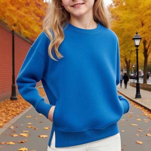 Kids Girls Loose Thermal Pullover Sweatshirts Solid Color Long Sleeve Comfy Casual Tees Fall Warm Thick Tops Pockets3