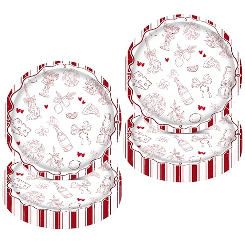 Italian Themed Paper Plates 9 Inch Disposable Dinner Plates with Pizza Wine & Vertical Stripe Print for Party Dinner Picnic Brunch Decor Birthday Party Supplies Bachelorette Party Supplies