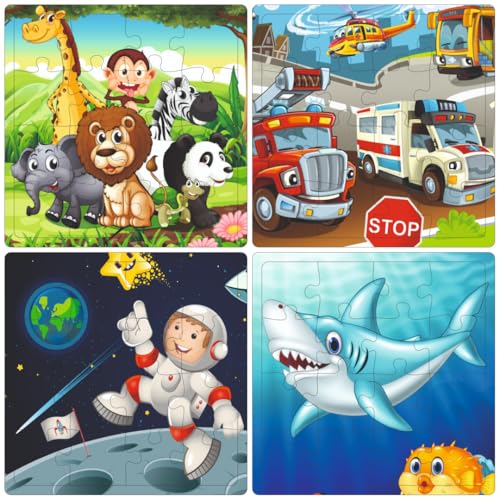 Fiddlys Fiddly's 16-Piece Wooden Jigsaw Puzzles for Kids Ages 3+, Double Layered Wooden Puzzles with Bright Front & Back Print (Mix World Pack of 4)