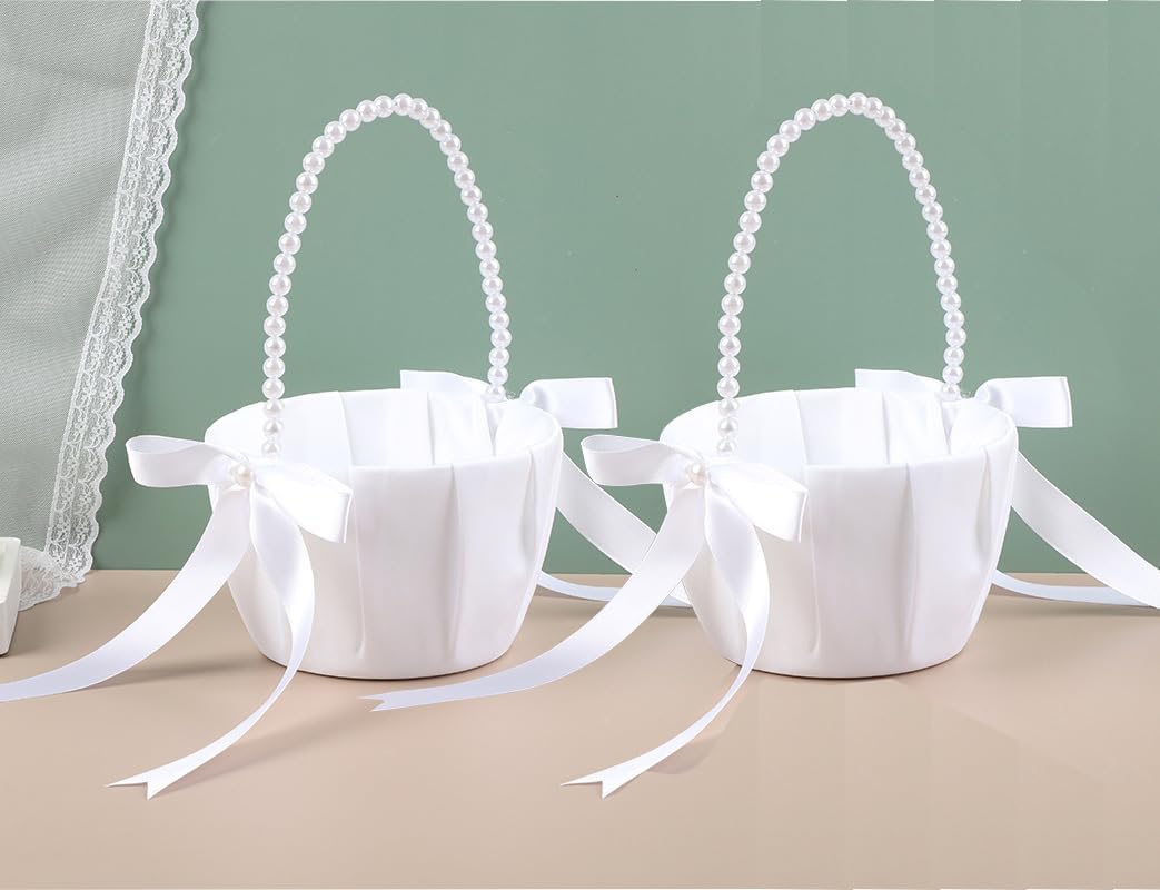 Flower Girl Baskets for Wedding set of 2,Ivory Flower Girl Basket With Pearl Handle,Wedding Baskets for Flower Girls
