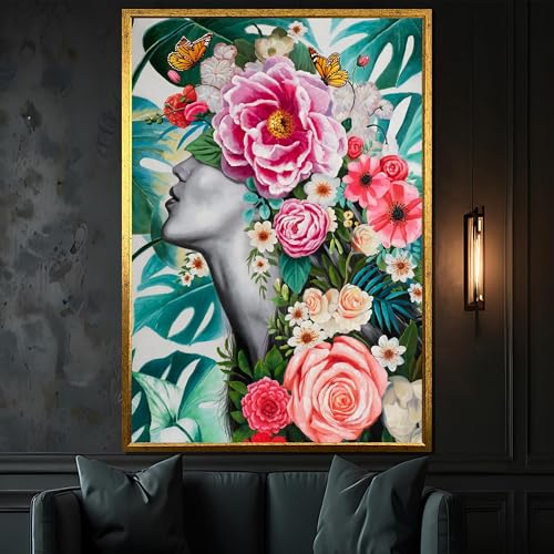 Tableau sur toile femme aux fleurs décoration murale affiche art botanique 30x40