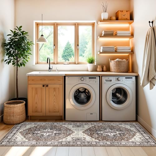 Washable 3x6 Hallway Area Rug: Vintage 6ft Water Resistant Soft Runner Rug for Entryway Kitchen Non Slip Wide Low Pile Carpet for Living Room Bedroom Thin Floor Mat for Bathroom Dining Room(Brown,3x6)