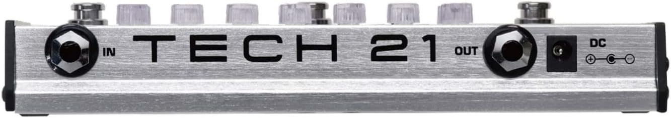 Rear view of Tech 21 SansAmp PSA 2.0 pedal showing IN, OUT, and DC power connections.