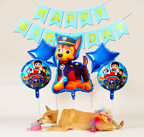 Image of Propsicle Paw-Ptrol Foil Balloon Pack of 5 with Happy Birthday Blue Fishtail Flags Pack of 1 Baby Birthday Party Supplies Item