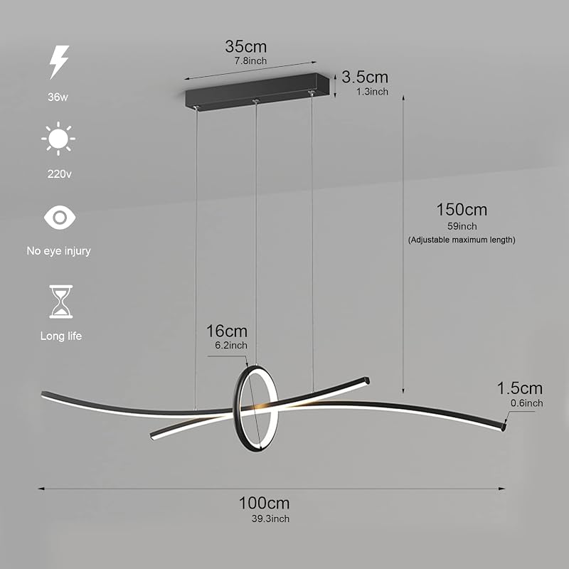BRIMETI Modern Függőlámpa - 100 cm Állítható Magasságú LED Csillár Távirányítóval és Bluetooth Vezérléssel, Fényerőszabályozható, Fekete Étk