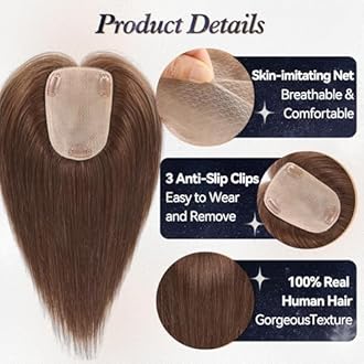 starluck Human Hair Toppers for Women Real Human Hair With Bangs 4 * 5.5 inch Base 12 inch SilkHug Hair Topper for Women Cover Grey Roots(Medium Brown)