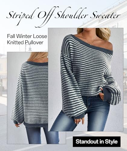 MARZXIN Women's 2025 Fall Long Sleeve Sweaters Casual Loose Striped Off Shoulder Casual Oversized Knitted Sweater Pullovers4
