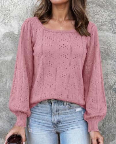 Image of HOTOUCH Sweaters for Women 2026 Fall Trendy Tops Casual Puff Sleeve Square Neck Cute Tunic Pullover Blouses XS-XXL