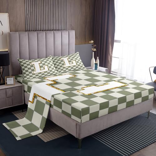 Image of Erosebridal Sage Green Checkered Sheet Set King Plaid Initial L Bed Sheets Personalized Monogram Bedding for Kids Boys Girls,Fashion Grids Gingham Bed Sheets Set 4 Piece