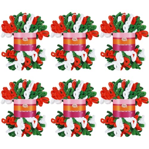 Image of Threlaco 6 Skeins Christmas Loop Yarn Finger Loops Yarn Bulk Soft Chunky Yarns 600 g for Christmas Yarns Beginners Knitting No Needles or Hooks Crochet Gift Craft (Red, White, Green)