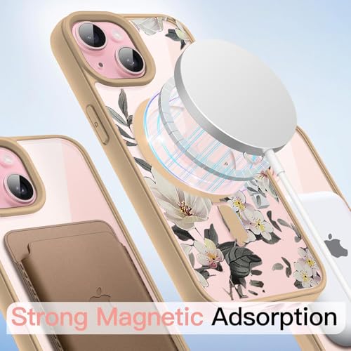 Image of VONZEE Compatible with iPhone 15 Case Luxury Retro Flowers Floral Clear for Magnetic Wireless Charging Case Shockproof Case PC+TPU Cute Glossy Shiny Cover for Girls Women, 6.1'' Desert Titanium