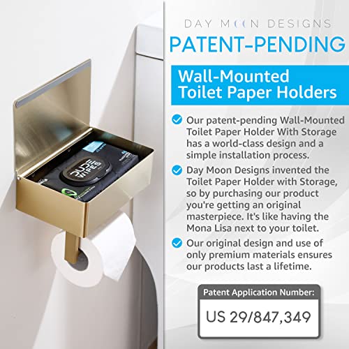 Day Moon Designs Toilet Paper Holder With Shelf - Flushable Wipes Dispenser & Storage Fits Any Bathroom, Keep Your Wet Wipes Hidden - Stainless Steel Wall Mount Bathroom Organizer - Gold, Large #TOP6