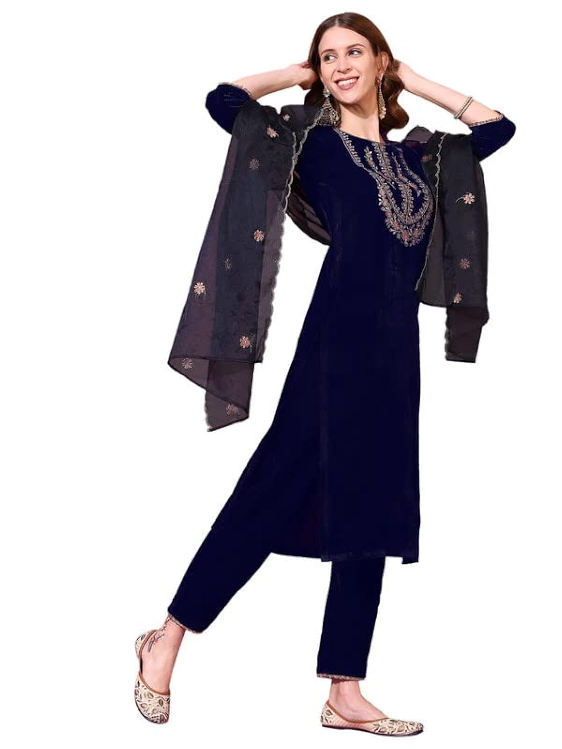 Sanisa Women's Velvet Embroidery Straight Kurta Set With Dupatta (27Kbd361N-M_Navy Blue)