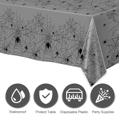 Image of Childom 2 Pack Halloween Tablecloth,Halloween Party Decorations 54 x 108 Inch Plastic Table Cloth Disposable,Gray Spider Web Table Cover for Rectangular,Home,Dinner,Scary Themed Parties Supplies Decor