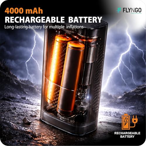 Image of FLYNGO 2-in-1 Tyre Inflator for Car and Bike, 150 PSI Wireless & Wired (4000mAh or 12V DC) Portable Air Compressor Pump with Type C Port, Digital Display, Power Bank, LED Flash Light (FL-CTIP-1)