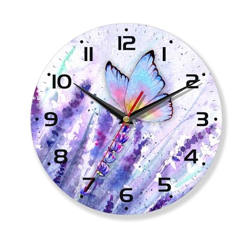 Purple Wall Clocks,Lavender Wall Clock Decorative,Butterfly Kitchen Wall Clocks Battery Operated - 10 Inch Round Bathroom Wall Clock Silent Non-Ticking