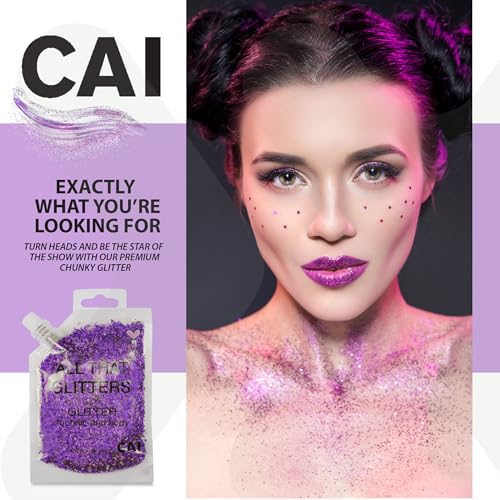 Body Glitter Gel- Face, Body & Hair (2 Pk Violet/Violet) Chunky Iridescent Holograph Stars & Moon, 6 oz | Cosmetic-Grade Makeup, Apply Without Glue, Easy to Take Off & Keep Skin Clean at Raves - Image 3