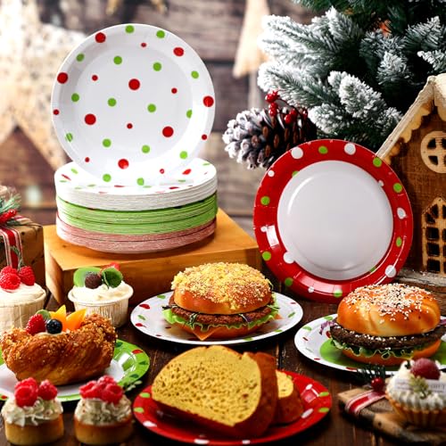 Image of Fourluoo 96 Pcs Lime Green Christmas Paper Plates Disposable Dinner Plates for Xmas Birthday Party Table Decor