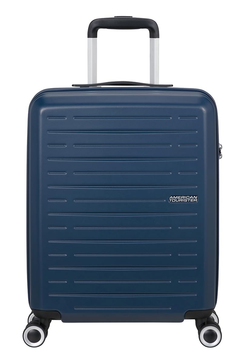 American Tourister Aerojoy Walizka, rozmiar kabinowy 55 cm / 20 cali, 4 kółka, twarda obudowa, ABS, ciemnoniebieska, zamek TSA, wewnętrzna siatka z zamkiem błyskawicznym z przegrodą, krzyżowe paski