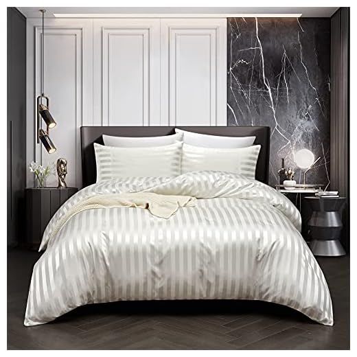 RevenRella 3 Piece Satin Duvet Cover Set Bedding Sets Italian Style 1800 Series Luxury Rich Silk Silky Super Soft Stripes Hidden Zipper Closure Reversible Wrinkle Free Honeymoon(Off White, Queen)