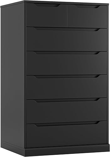 HITHOS Cómoda de 7 cajones de 51" de alto, cómoda negra moderna, cómodas y cajoneras de madera con tiradores recortados, cajonera vertical, cómodas