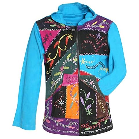 Women's Zip Front Hoodie - Folk Art Hand-Embroidered Sweatshirt- Blue - XL Cover