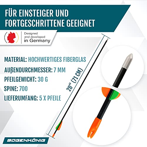 Bogenkönig Pfeile für Bogenschießen 5er Set aus Fiberglas mit Spitze Metal Kinder Bogen 28 Zoll (Rund Spitze)