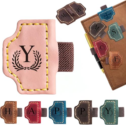 Marque-page aimanté cuir rose avec boucle stylo et initiale personnalisée Y