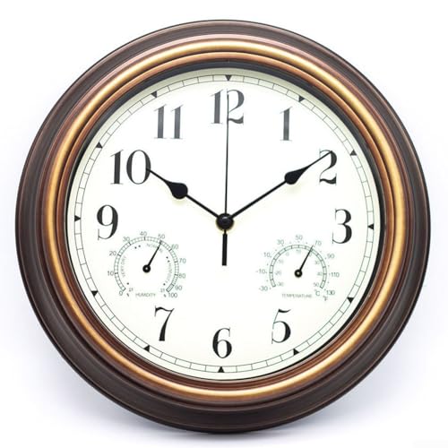GLFLOW Orologio da parete da giardino, 30,5 cm, con termometro e igrometro, resistente alle intemperie, movimento silenzioso, stile vintage (rame rosso)