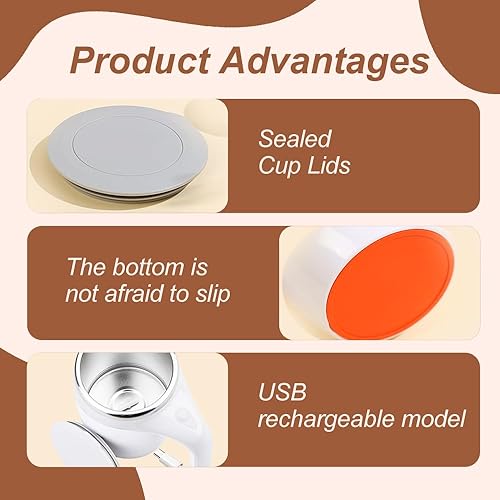 Miniatura 5 de Taza de café con agitación magnética automática, taza agitadora de café magnética para leche, taza de café de acero inoxidable con tapa (1, blanco)