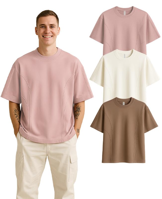 Image of Sleepynuts Men 220 GSM 100% Pure Cotton Oversized Baggy Fit Drop Shoulder Round Neck T-Shirt Pack of 3 (Toffee Brown, Vintage Pink, Off White-L)