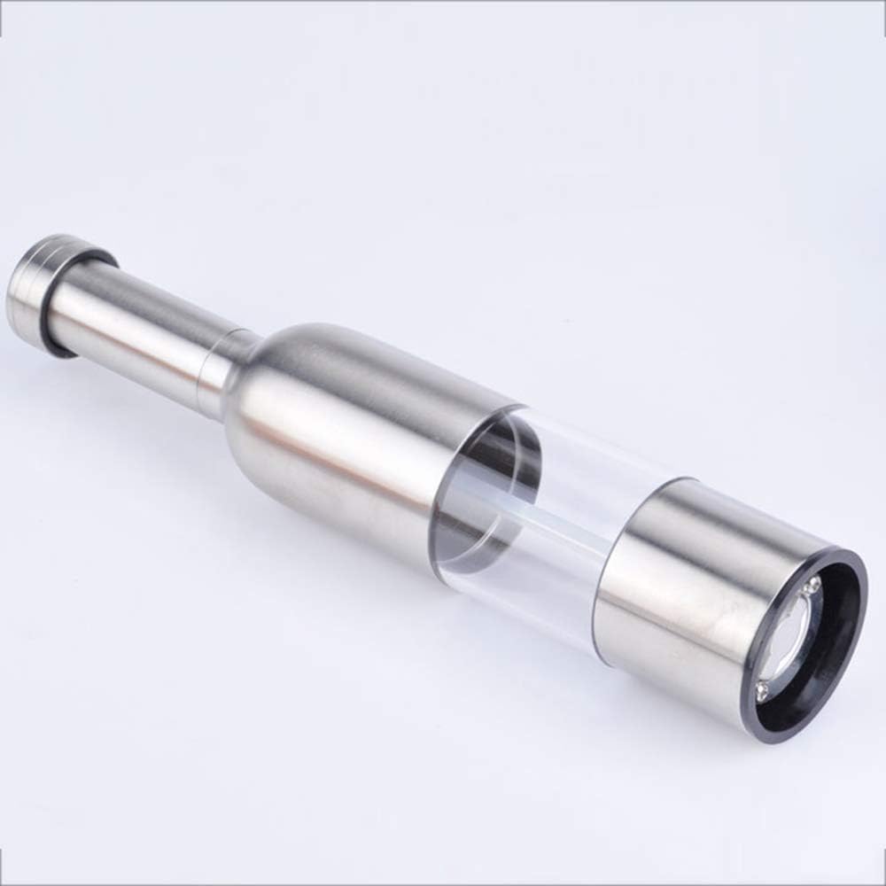 Salt and Pepper Mill Set Adjustable Grinders Bottle Shape Steel Bodies Easy Fill, Brushed Stainless Steel and Acrylic Large Size Manual