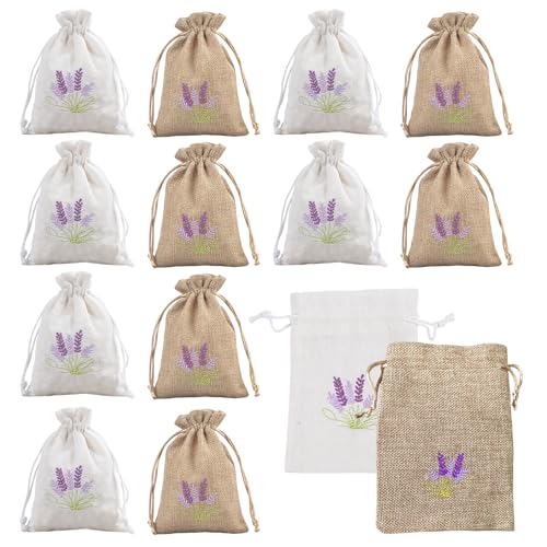 KiKiHong 12 Piezas Bolsas de Lavanda Bolsitas Bolsas,Bolsa Vacía Bordada de Algodón y Lino,Pequeña Bolsa de Tela con Cordón Adecuada para Lavanda,Especias,Joyería,18 * 13 cm (Blanco y Lino)
