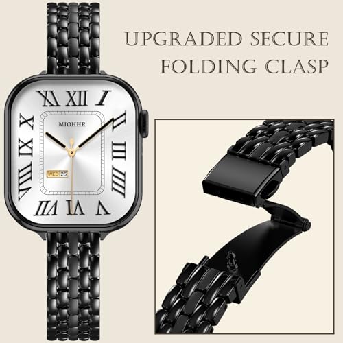 Image of Slim Metal Bands for Apple Watch 49 /46 /45 /44 /42mm(Series 3 /2 /1) | Thin Shiny Stainless Steel Strap Bands for Women, Fit iWatch Series 11 10 9 8 7 6 5 4 3 2 1 SE3 SE2 SE, Ultra 3 /2 /1, Black