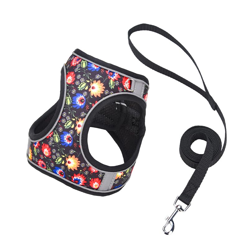 KocaPlye Step in Dog Harness No Pull Flower Adjustable Soft Mesh Padded Reflective Velcro Pet Vest Harness and Leash Set for Small Medium Dogs