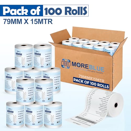 Image of MOREBLUE 79mm x 15m Pack of 100 POS White Thermal Paper Rolls, Smooth Print Billing Paper for POS Printer, Credit Card Machine & Petrol Pump Receipts