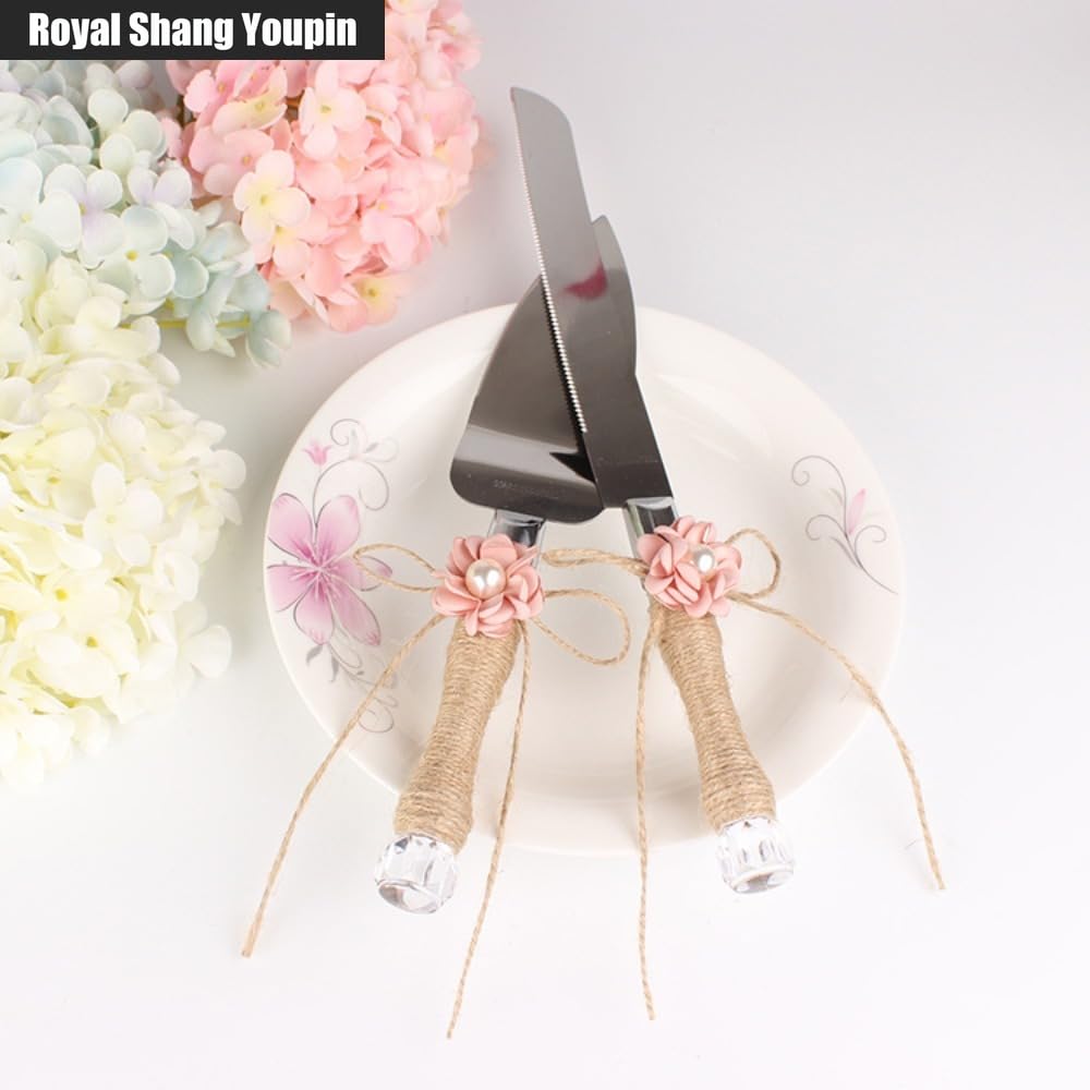 2 Pieces Mahjong and Pearl Simulation Flower Wedding Cake Knife Shovel Server Set Stainless Steel Cake Knife Shovel Baking Props Pizza Knife (A)
